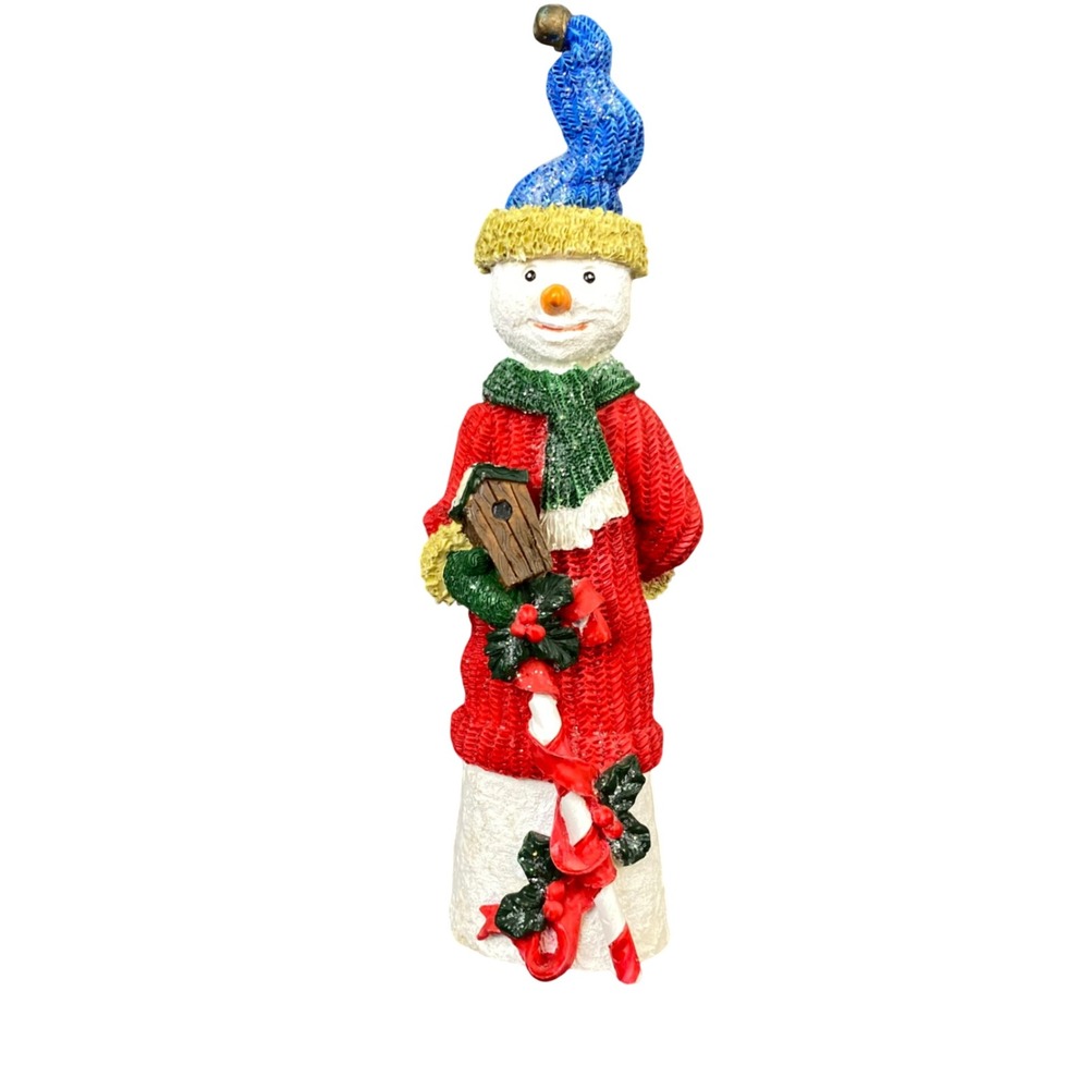 Vintage Christmas Snowman Figurine Birdhouse Candy Cane Red Sweater Blue Hat 8.5